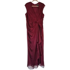 Adrianna Papell Burgundy Evening Maxi Dress Pleated Details Draped Front